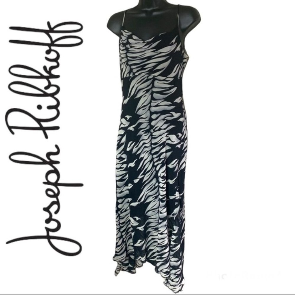 Vintage🧚‍♀️Joseph Ribkoff Black /White Zebra Print Ruffled Maxi Dress Size 12